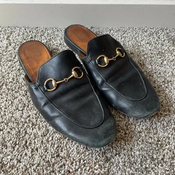 Gucci | Authentic Black Leather Princetown Horsebit Flat Mules - Picture 1 of 16